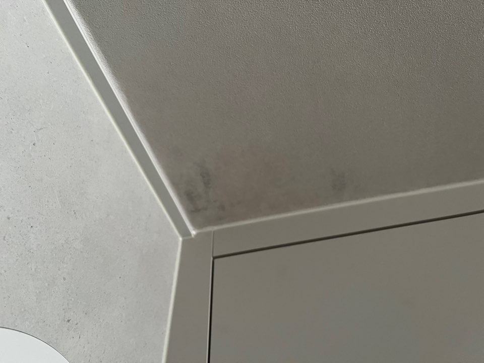 아랫집 세탁실 천장 모서리. 윗집이 세탁기를 쓰면 젖었고 주방 모서리까지 번졌습니다