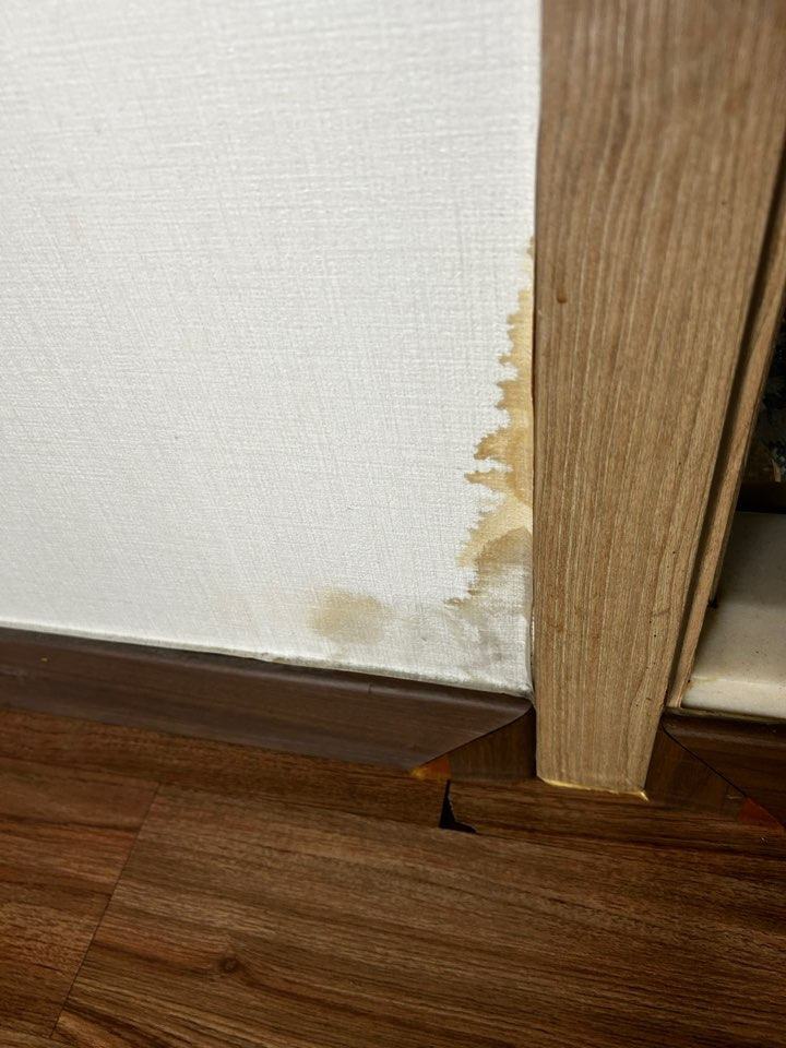 1층 세대 화장실 입구 문틀 아래 벽지가 젖어 있었습니다