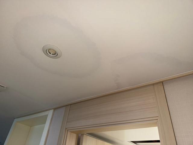 아랫집 복도 천장. 전등 둘레로 번진 젖은 자국