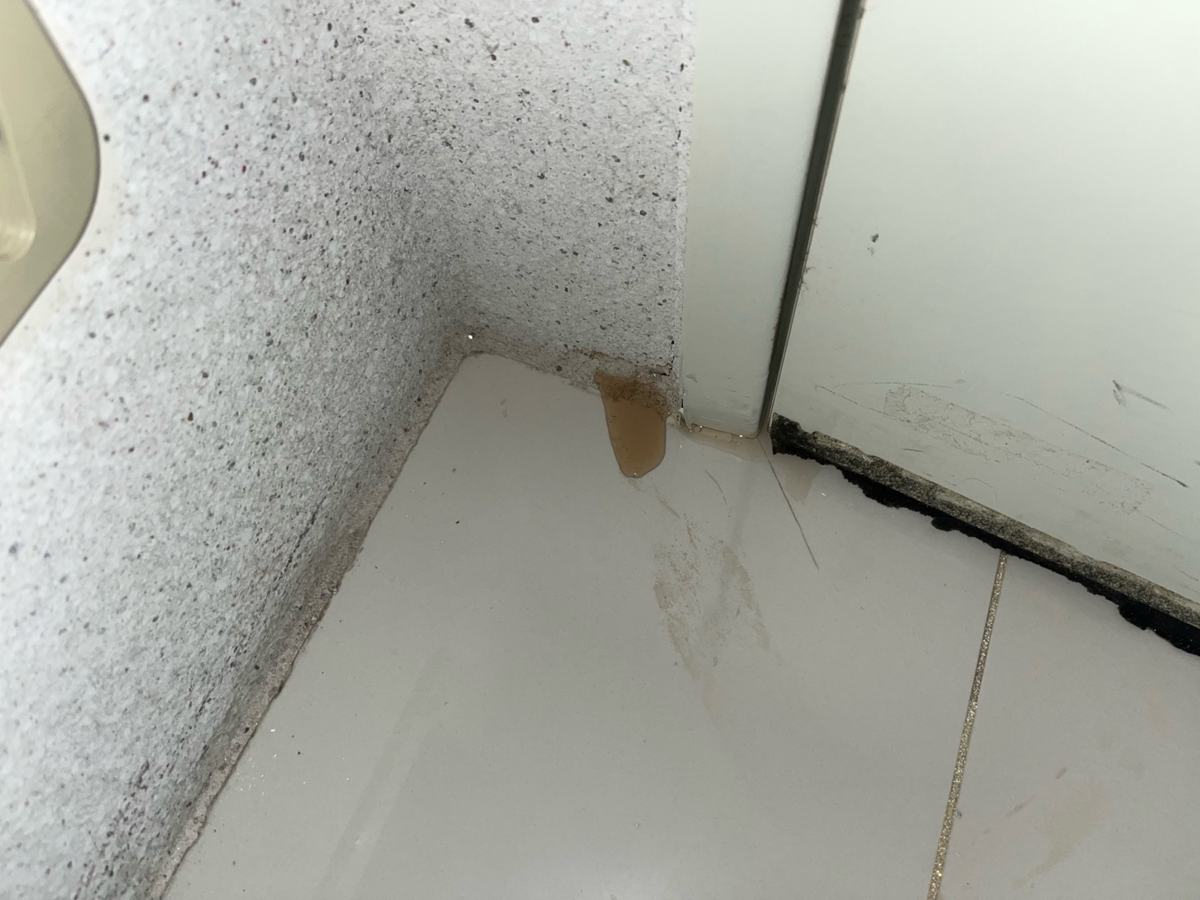 주방에서 세탁실로 나가는 문 모서리 아래. 물이 스며 나오던 자리입니다